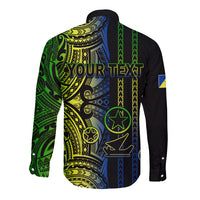 Back of black long-sleeve button shirt with green, yellow, and blue tribal print