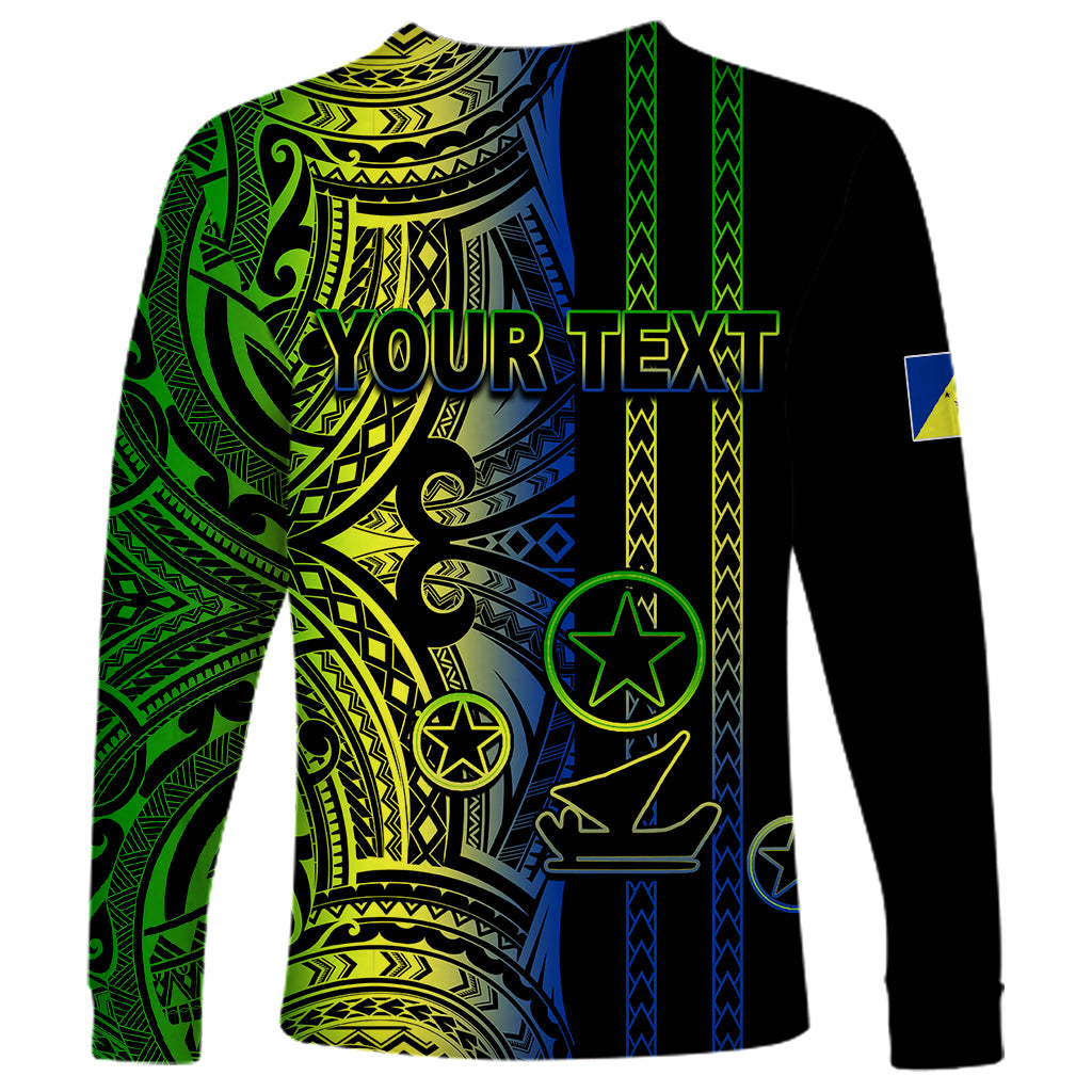 Black long sleeve shirt with green, blue, and yellow tribal print and custom text