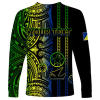 Black long sleeve shirt with green, blue, and yellow tribal print and custom text