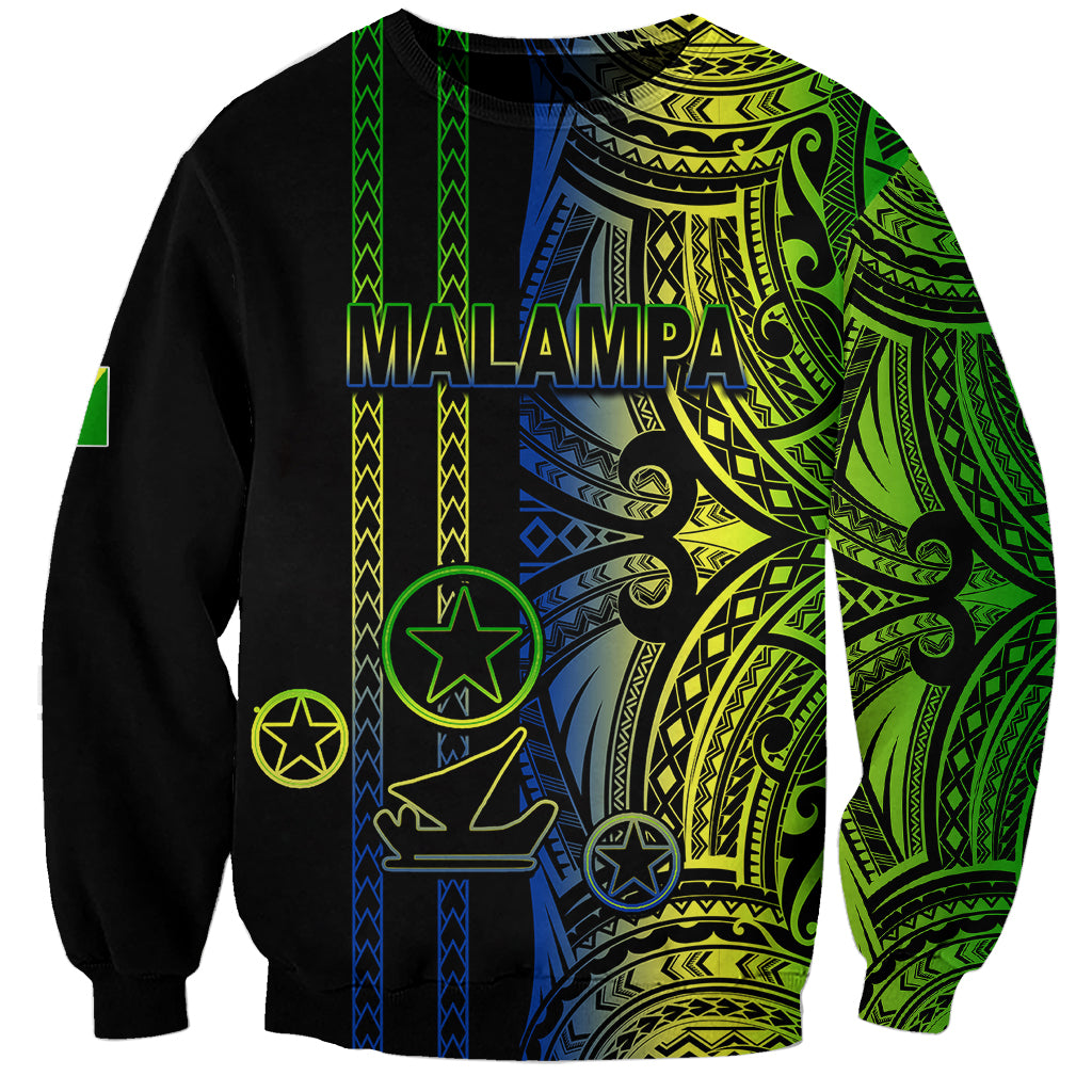 Black unisex sweatshirt with green and blue Polynesian tribal print across front