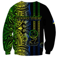 Black unisex sweatshirt back with green/blue tribal print and large “YOUR TEXT”