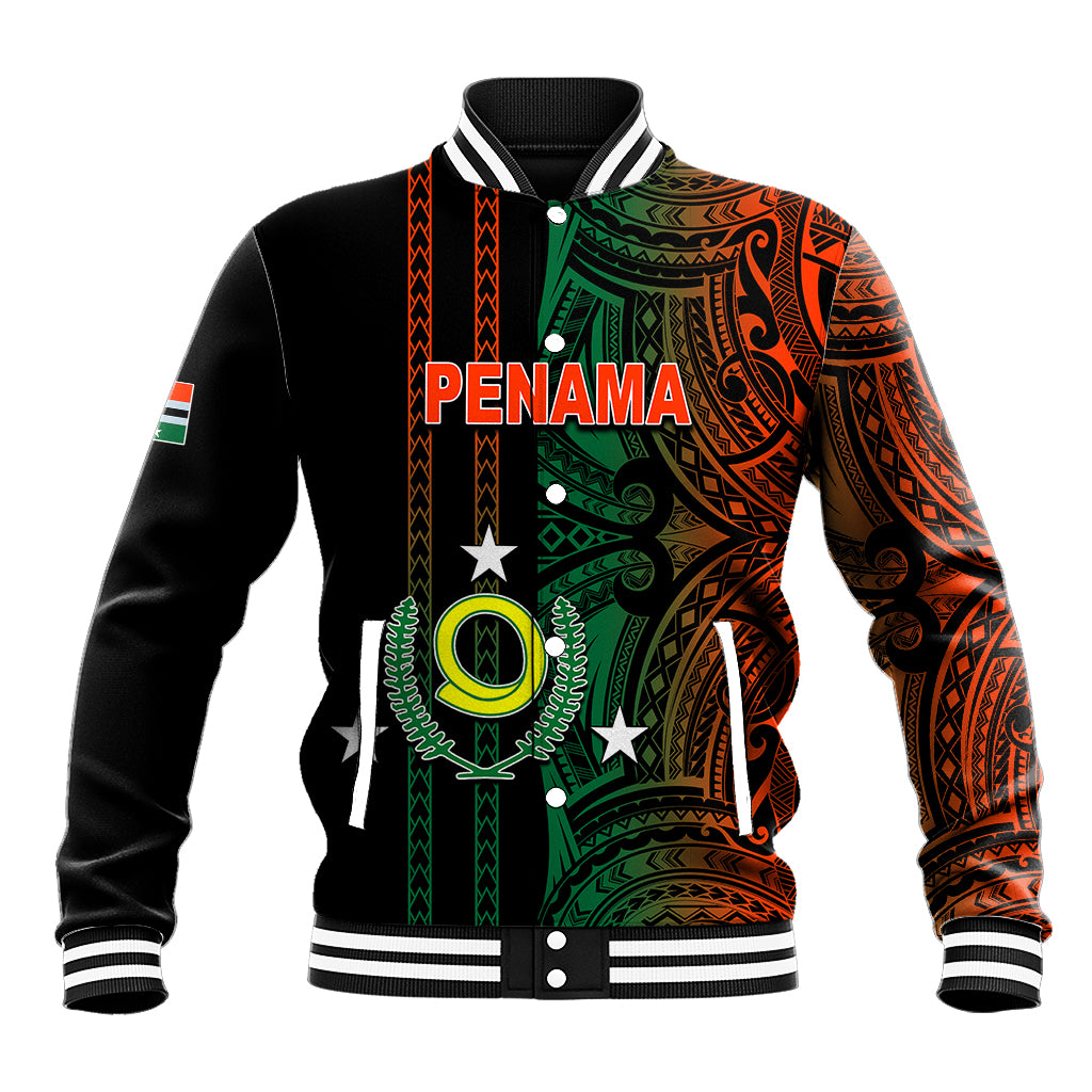 Black baseball jacket with green and orange tribal print, snap front, striped ribbed collar