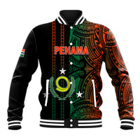 Black baseball jacket with green and orange tribal print, snap front, striped ribbed collar