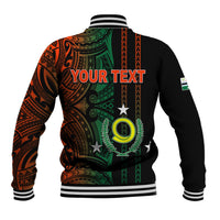Black baseball jacket with back tribal print, striped ribbed collar and cuffs
