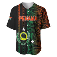 Black baseball jersey with green and orange tribal patterns, buttons, and short sleeves