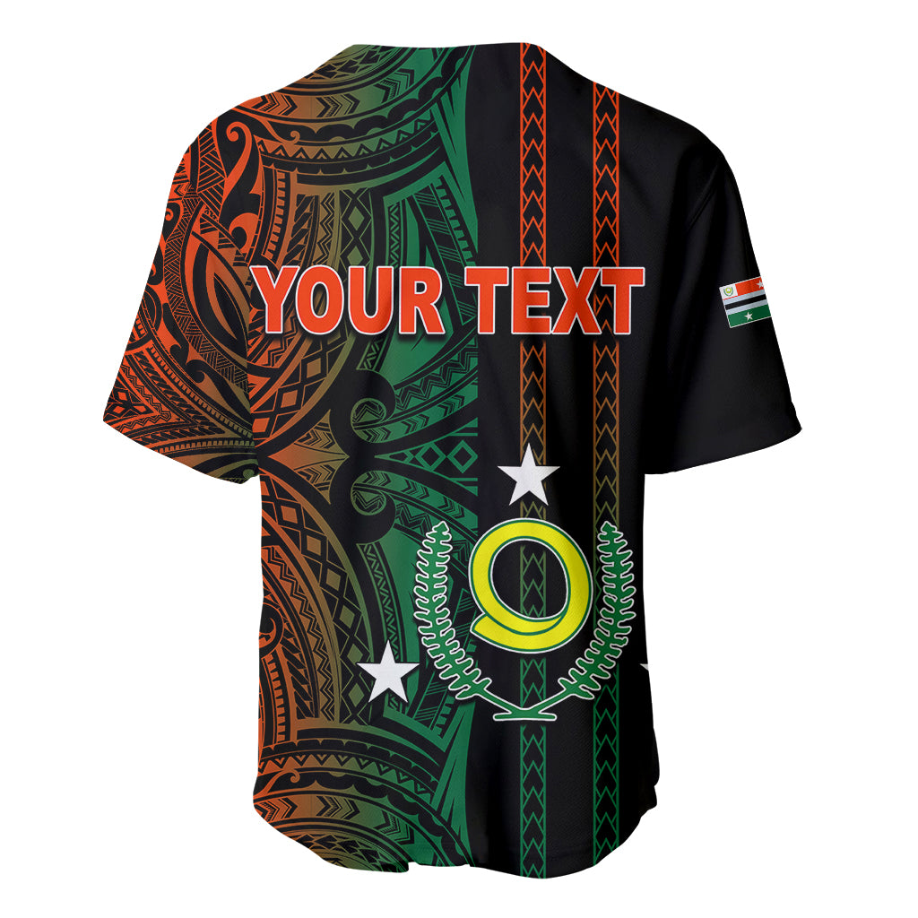 Black baseball jersey back with green and orange tribal print and 'YOUR TEXT'