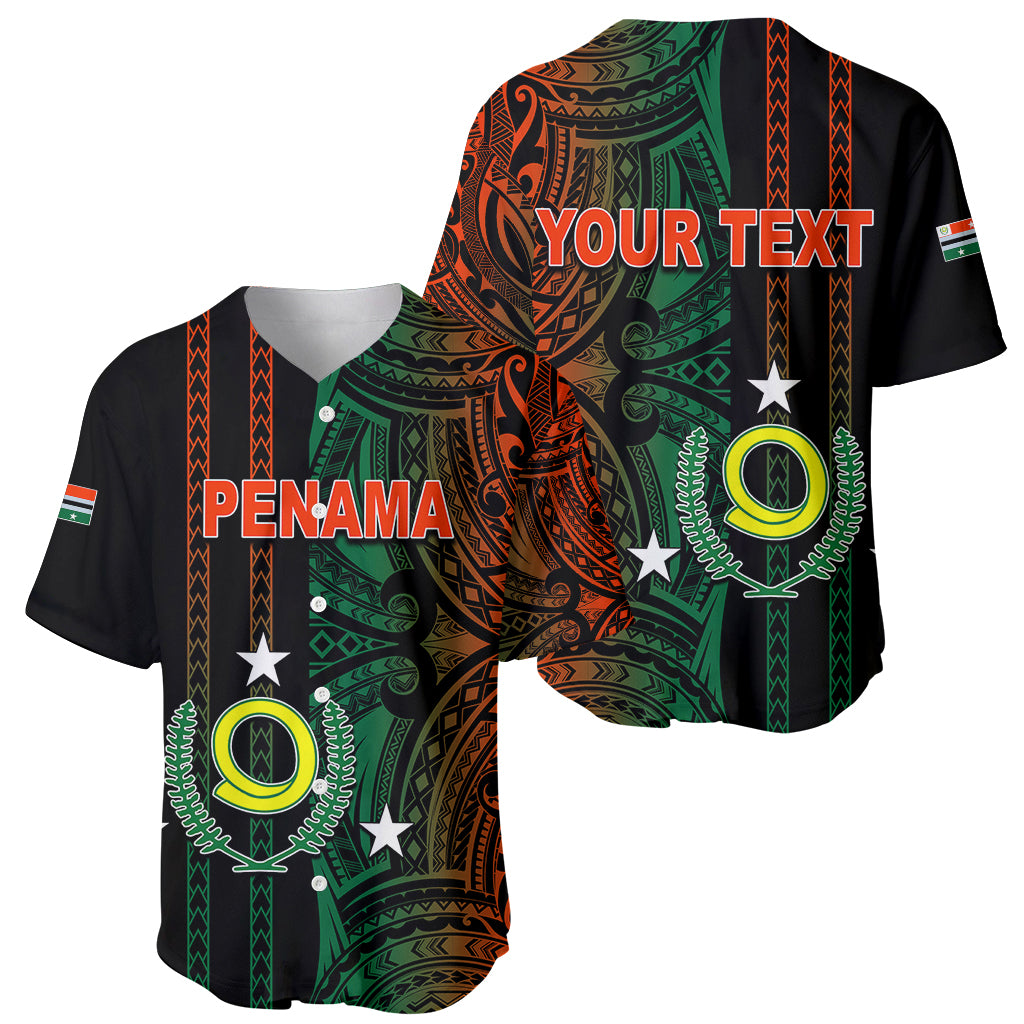 Black baseball jersey with green and orange tribal patterns, buttons, and short sleeves