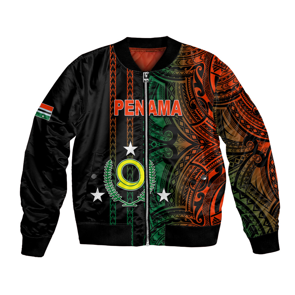 Black bomber jacket with orange-green tribal print front, zip, ribbed collar and cuffs