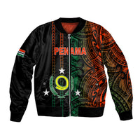 Black bomber jacket with orange-green tribal print front, zip, ribbed collar and cuffs