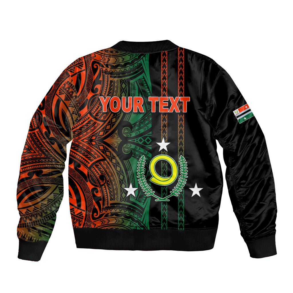 Black bomber jacket back with orange-green tribal print, 'YOUR TEXT' graphic, ribbed hem