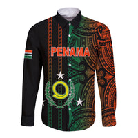 Black long-sleeve button shirt with bold tribal graphic print and flag patch