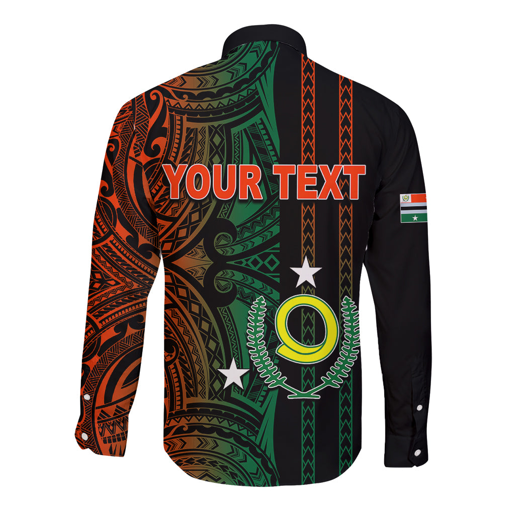 Black long-sleeve button shirt with colorful back tribal print and flag patch