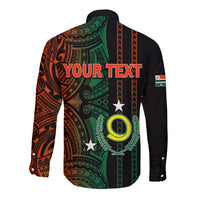 Black long-sleeve button shirt with colorful back tribal print and flag patch
