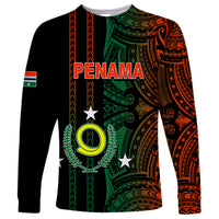 Black long-sleeve shirt with green and orange tribal print, front PENAMA graphic