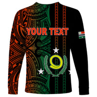 Black long-sleeve shirt with green and orange tribal print, back YOUR TEXT and emblem