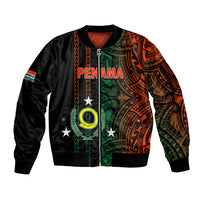 Black unisex bomber jacket with full-zip and Penama graphic tribal sleeve print