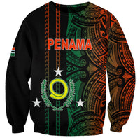 Unisex black sweatshirt with green and orange tribal pattern and “PENAMA” print