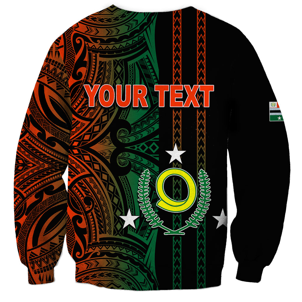 Unisex black sweatshirt with green and orange tribal pattern and “YOUR TEXT” print