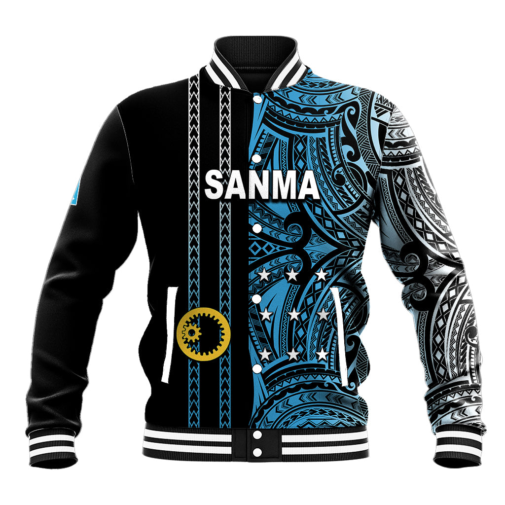 Black baseball jacket with blue Polynesian tribal print, SANMA front, striped ribbed cuffs