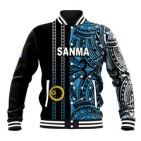 Black baseball jacket with blue Polynesian tribal print, SANMA front, striped ribbed cuffs