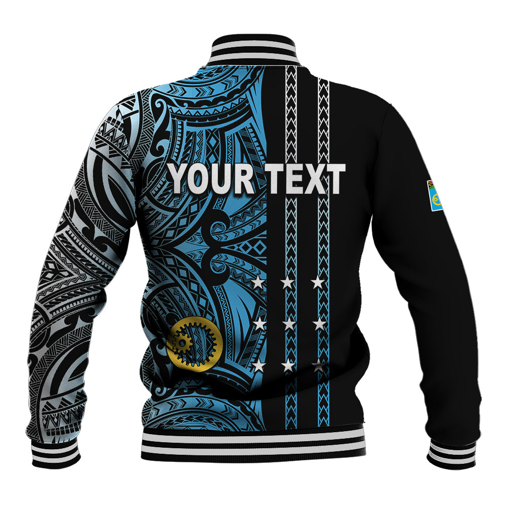 Black baseball jacket back with blue tribal print, YOUR TEXT, striped ribbed hem and cuffs