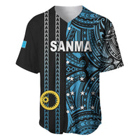 Black and teal baseball jersey with tribal print, SANMA lettering, button placket