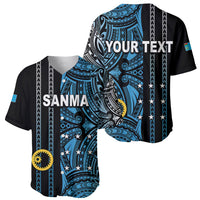 Black and teal baseball jersey with tribal print, SANMA front and YOUR TEXT back