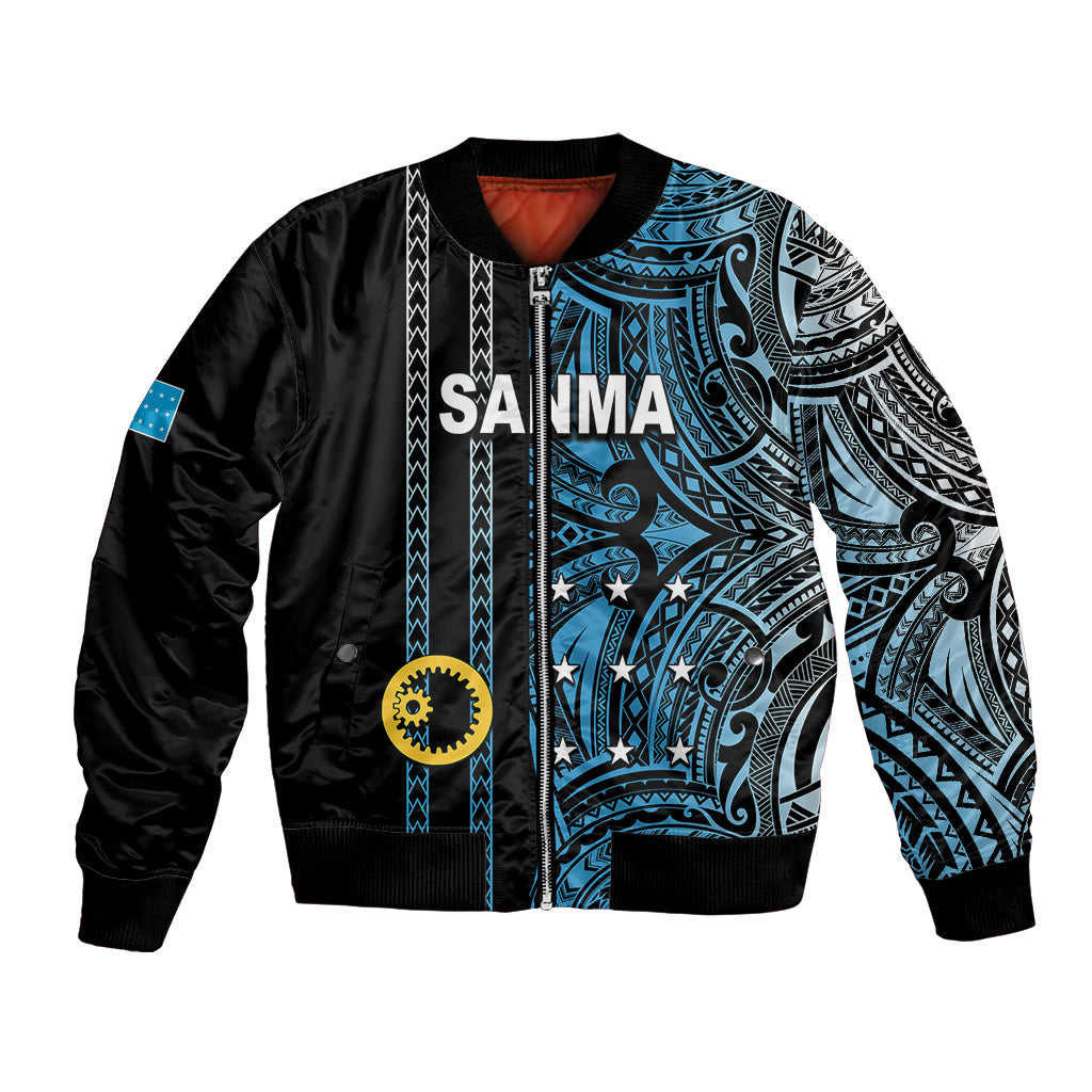 Black bomber jacket with blue and white tribal front panel, ribbed cuffs and hem