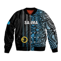 Black bomber jacket with blue and white tribal front panel, ribbed cuffs and hem