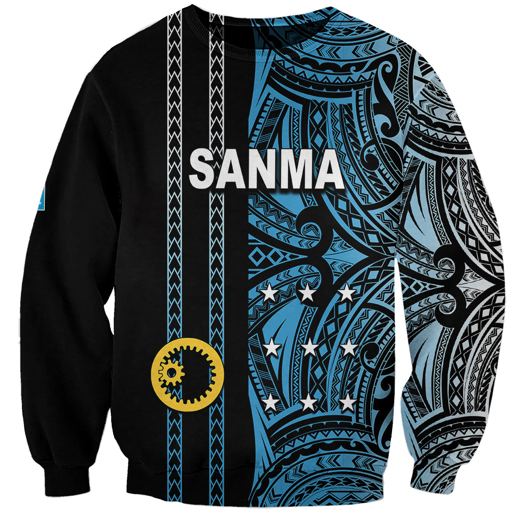 Black crewneck sweatshirt with blue Polynesian tribal print and 'SANMA' graphic