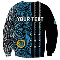 Black crewneck sweatshirt with blue tribal print, 'YOUR TEXT', and yellow sun badge
