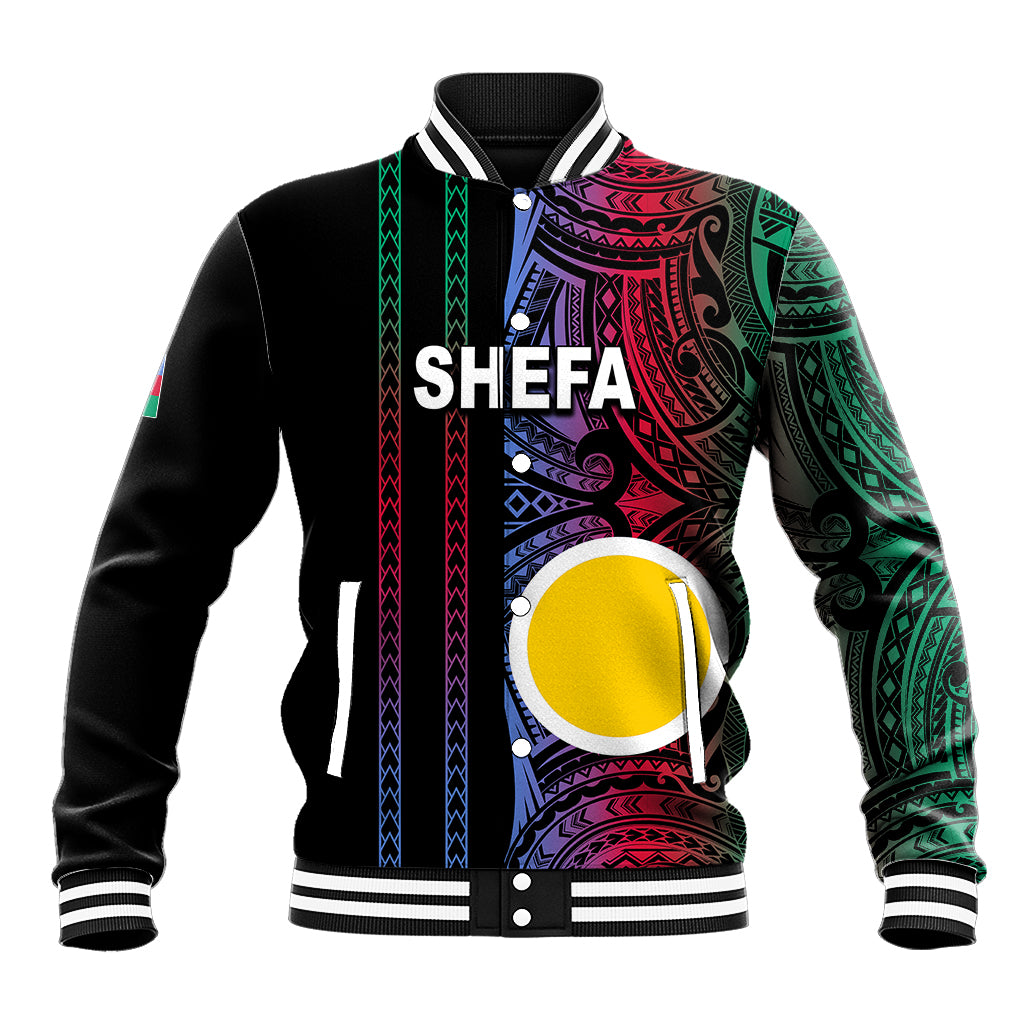 Black baseball jacket with colorful tribal print, striped ribbed collar and cuffs