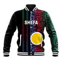 Black baseball jacket with colorful tribal print, striped ribbed collar and cuffs