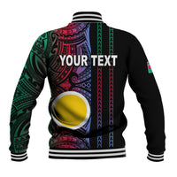 Black baseball jacket with tribal print and 'YOUR TEXT' on back, ribbed cuffs