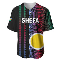 Black baseball jersey with Shefa lettering and colorful Polynesian tribal print