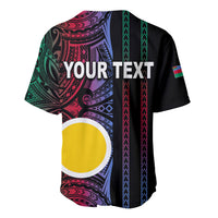 Black baseball jersey back with “YOUR TEXT” and colorful Polynesian tribal pattern