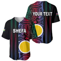 Black baseball jersey showing front SHEFA and back YOUR TEXT with tribal print