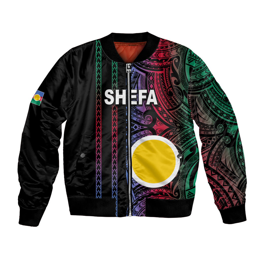 Unisex black bomber jacket with colorful tribal print front and SHEFA graphic, yellow circle