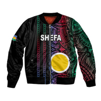 Unisex black bomber jacket with colorful tribal print front and SHEFA graphic, yellow circle
