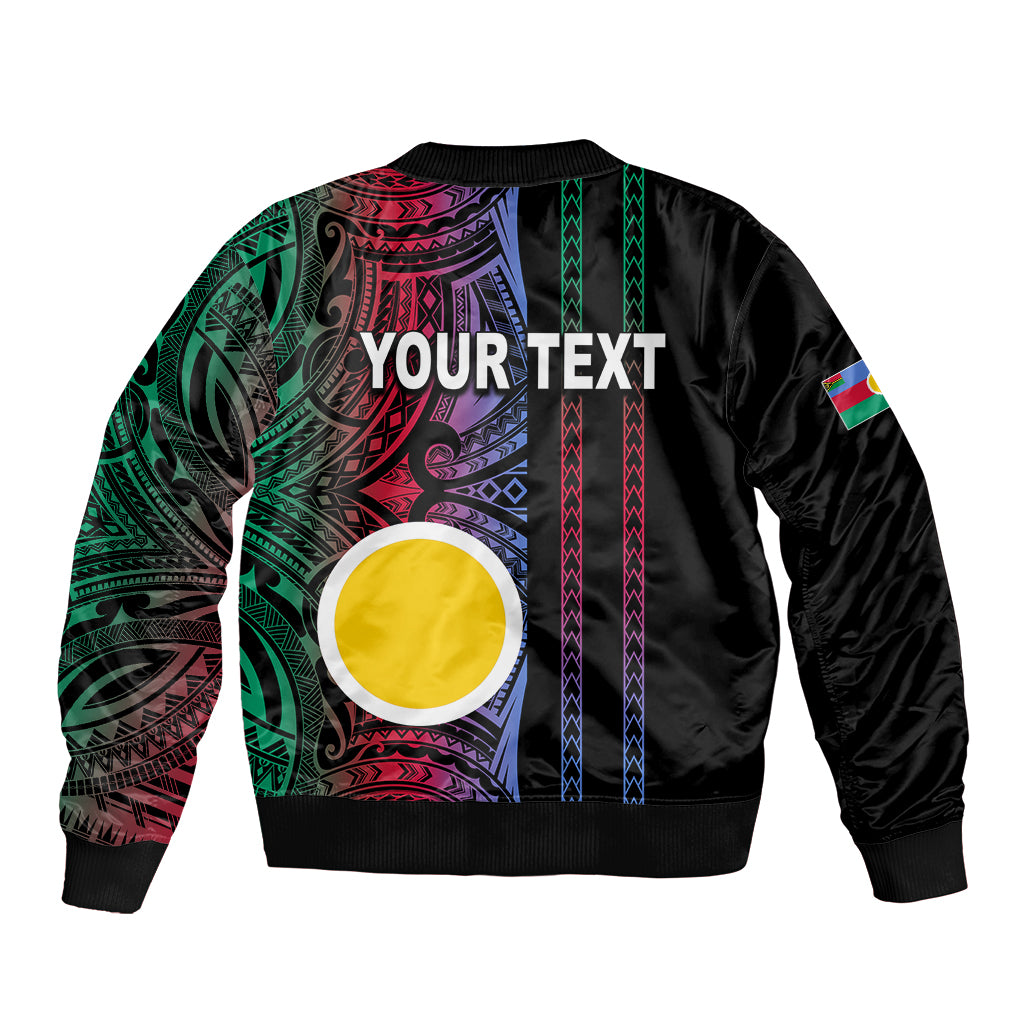 Unisex black bomber jacket with large tribal print back and YOUR TEXT, yellow circle