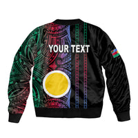 Unisex black bomber jacket with large tribal print back and YOUR TEXT, yellow circle
