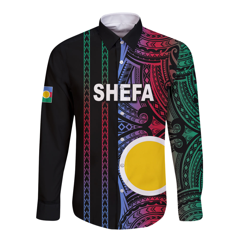 Black long-sleeve button shirt with colorful tribal graphic panel and large circular motif