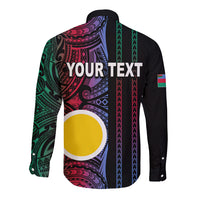 Black long-sleeve button shirt with back graphic panel, tribal stripes, and yellow circle