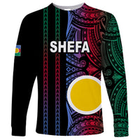 Black long-sleeve shirt with colorful Polynesian tribal graphic and 'SHEFA' print