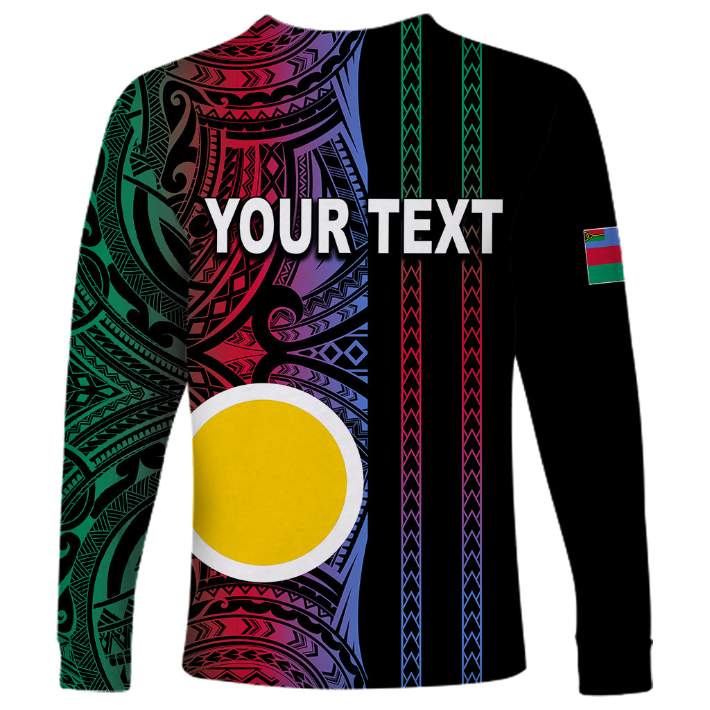 Black long-sleeve shirt with green, red, blue tribal pattern and 'YOUR TEXT' print