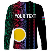 Black long-sleeve shirt with green, red, blue tribal pattern and 'YOUR TEXT' print