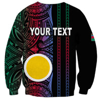Black crewneck sweatshirt with tribal print, YOUR TEXT back graphic and yellow circle