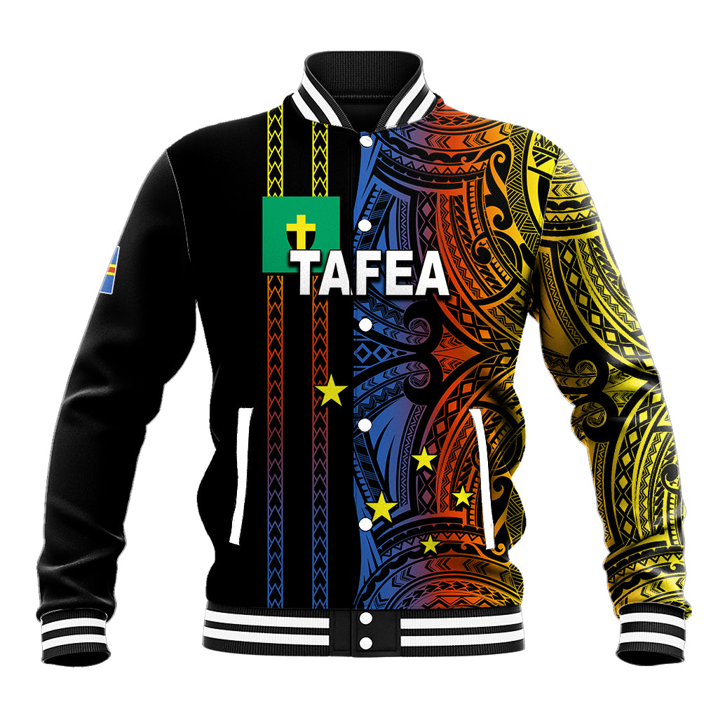 Black baseball jacket with multicolor tribal print, striped ribbed collar and snap-button front
