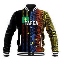 Black baseball jacket with multicolor tribal print, striped ribbed collar and snap-button front