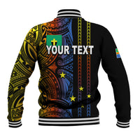Black baseball jacket back with multicolor tribal print and YOUR TEXT graphic, striped ribbed hem
